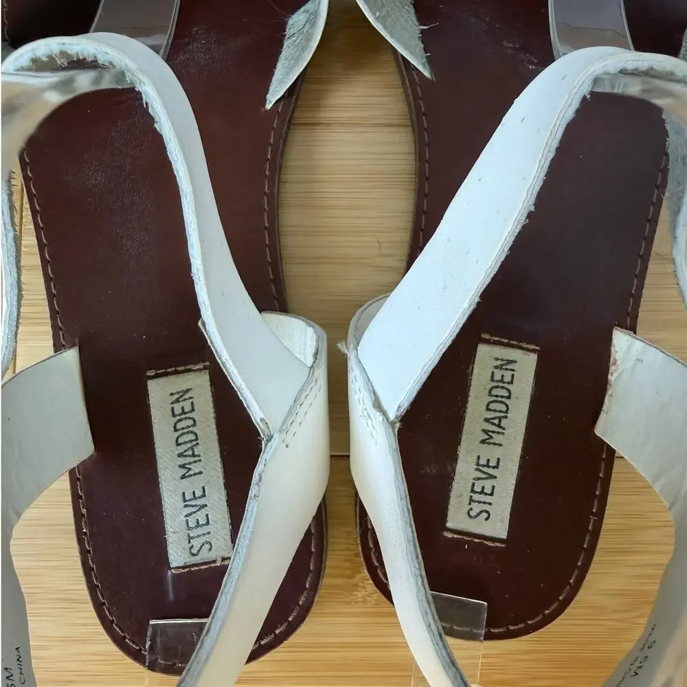 Steve Madden Bayle-R White Sandals Vegan Leather Silver Hardware Size 9.5